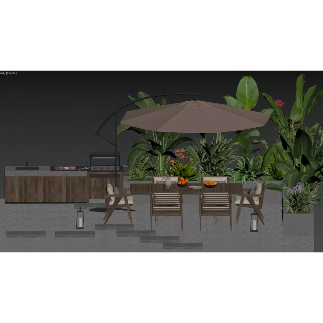Modern Outdoor Furniture 3D Model – Light Luxury Dining Area, FBX - View 4