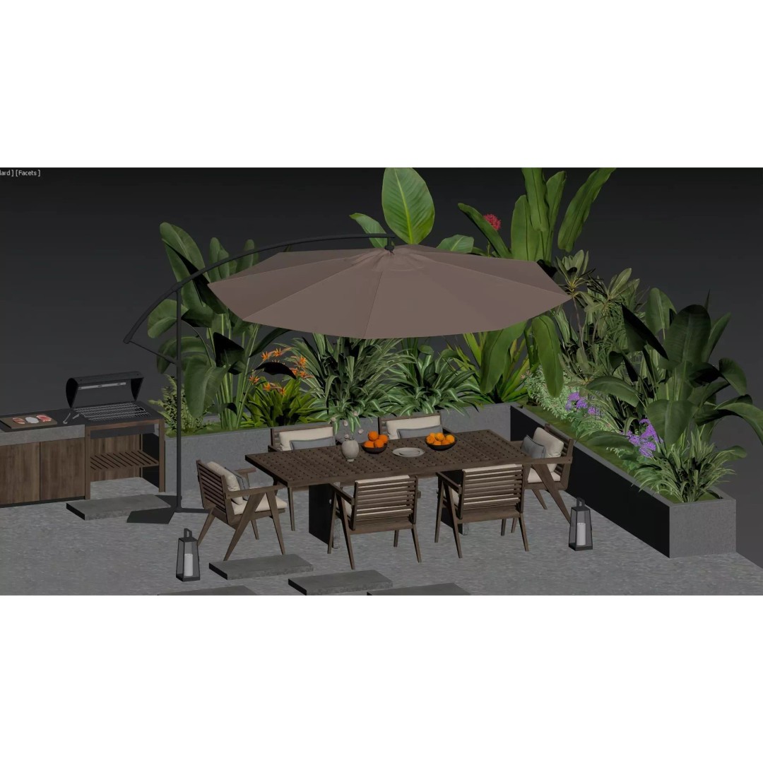 Modern Outdoor Furniture 3D Model – Light Luxury Dining Area, FBX - View 5