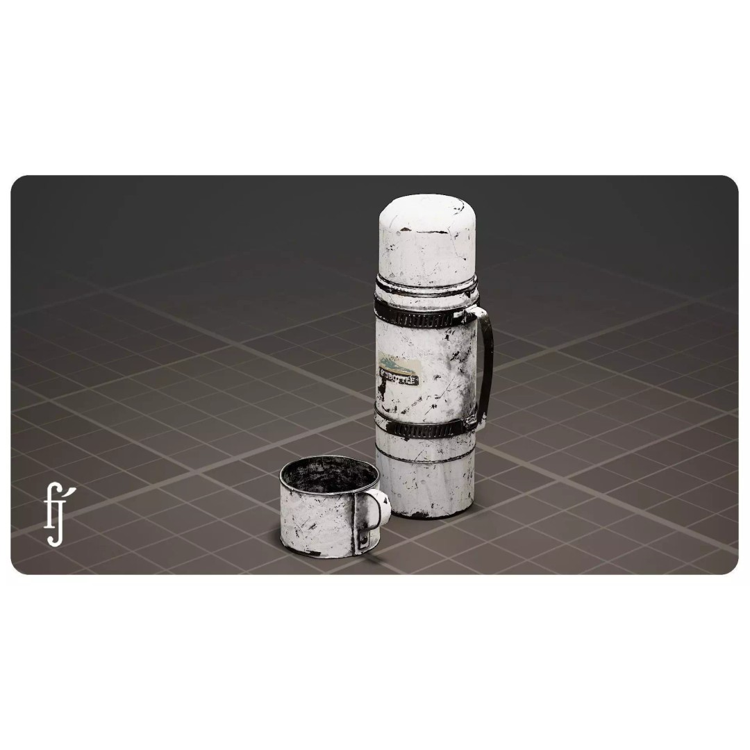 Vintage White Insulated Metal Thermos 3D Model – Low Poly Game Asset, FBX - View 2
