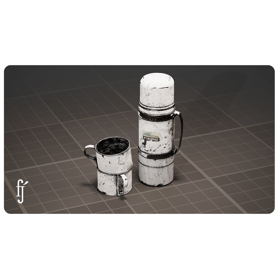 Vintage White Insulated Metal Thermos 3D Model – Low Poly Game Asset, FBX - View 7