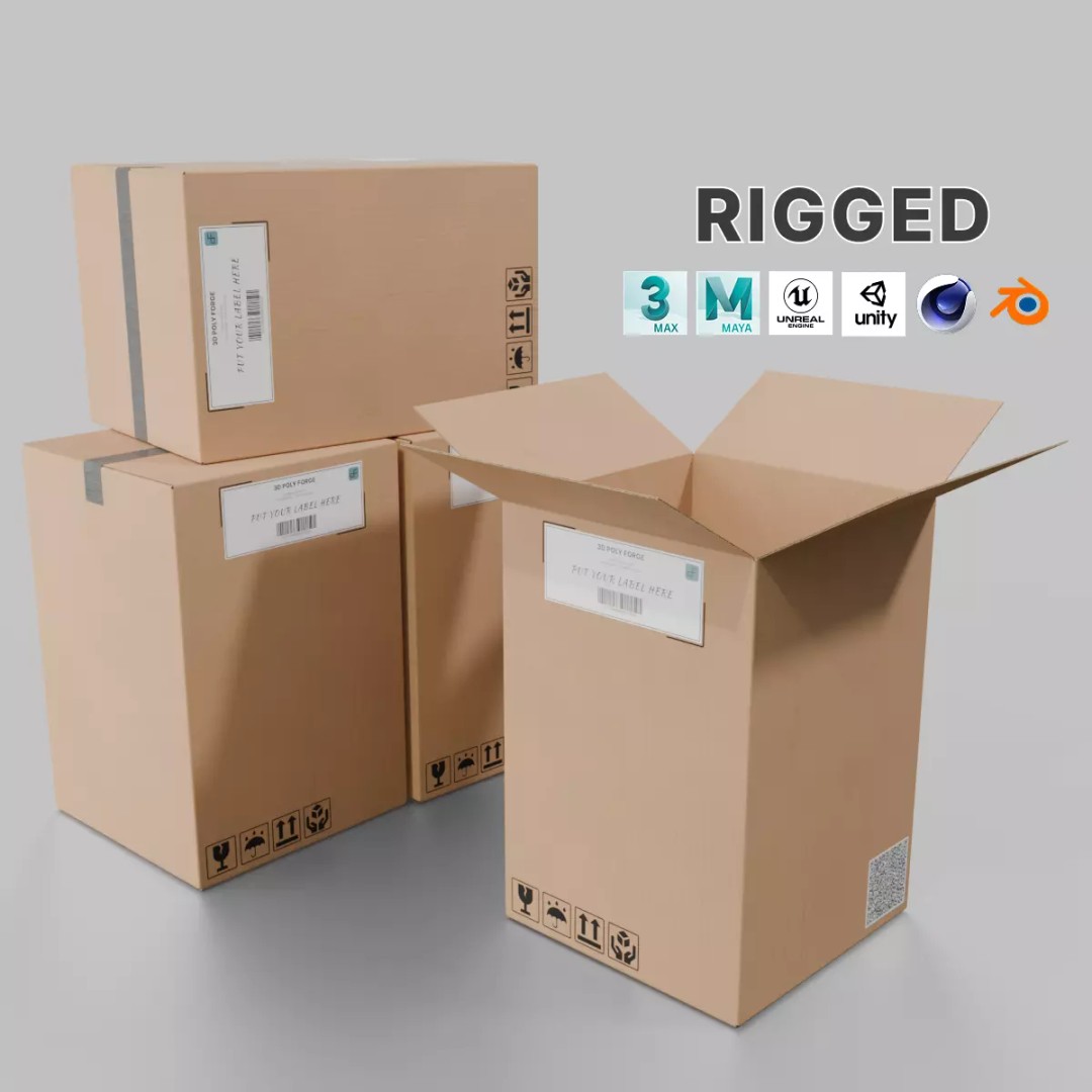 Deep Storage Cardboard Box 3D Model – Rigged Low-Poly PBR Asset, FBX - View 2