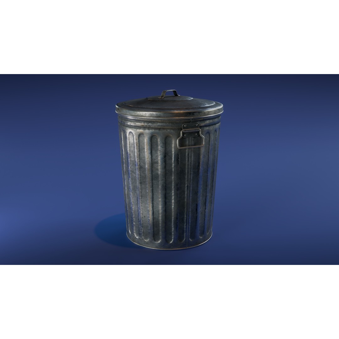 Galvanized Trash Can 3D Model – Low Poly Game Asset, FBX - View 3