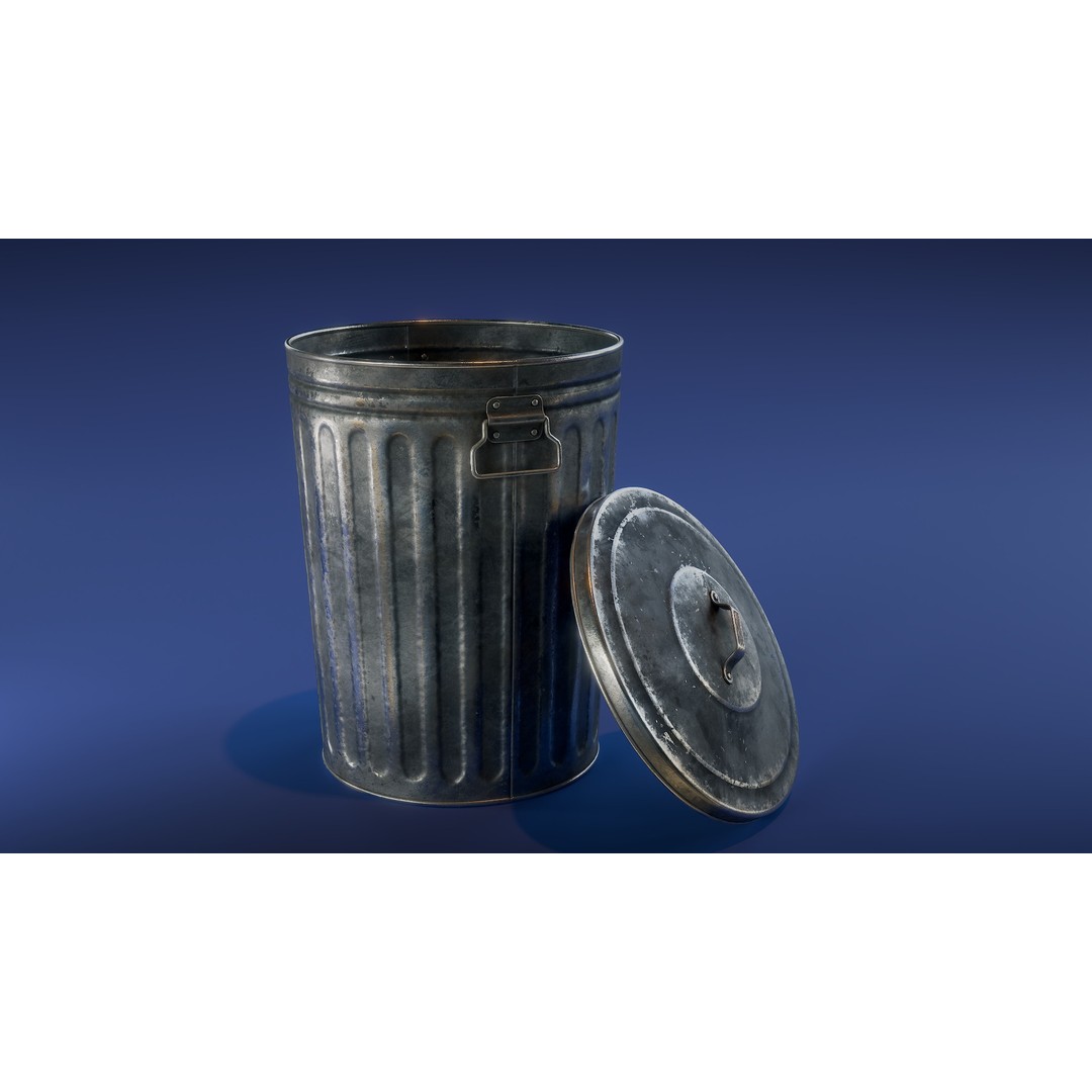 Galvanized Trash Can 3D Model – Low Poly Game Asset, FBX - View 4