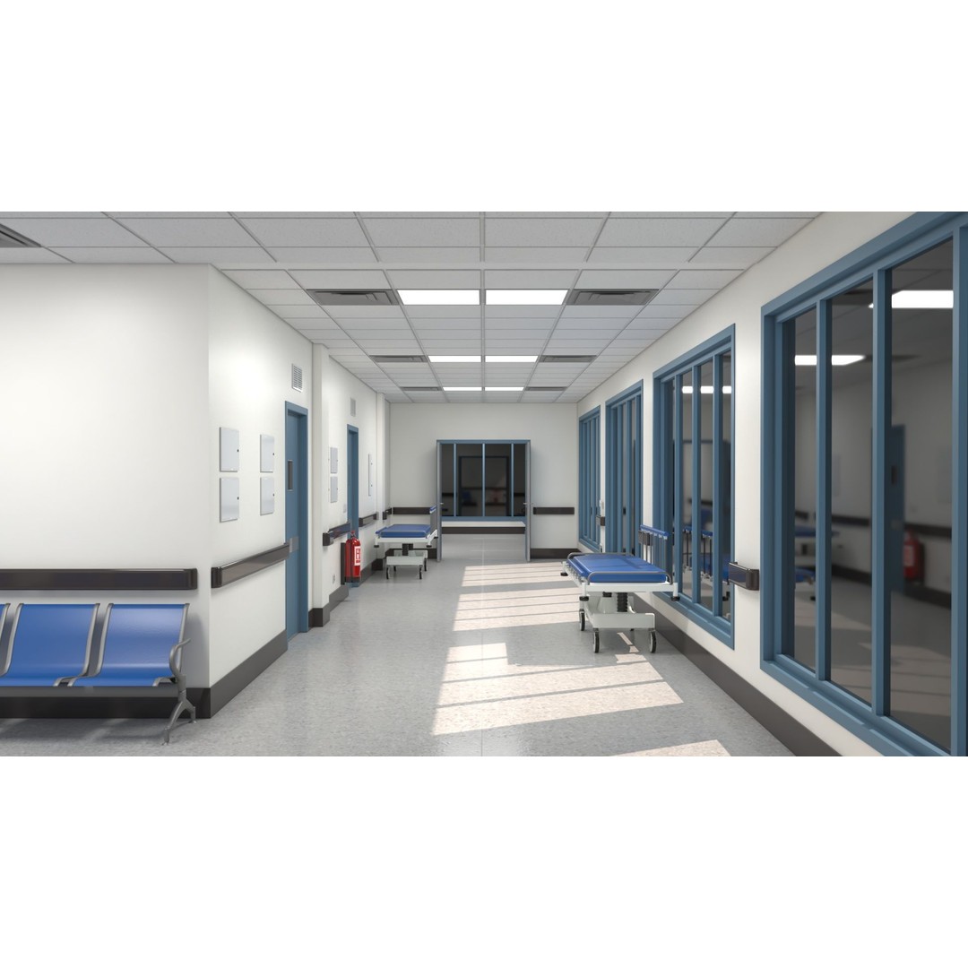 Modular Hospital Corridor 3D Model – Low Poly Game Ready Environment - View 13