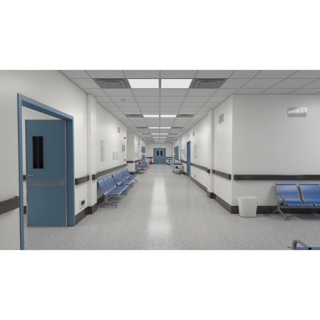 Modular Hospital Corridor 3D Model – Low Poly Game Ready Environment - View 15