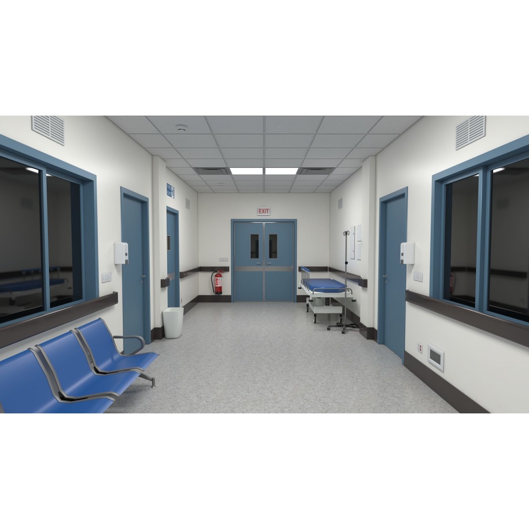 Modular Hospital Corridor 3D Model – Low Poly Game Ready Environment - View 16