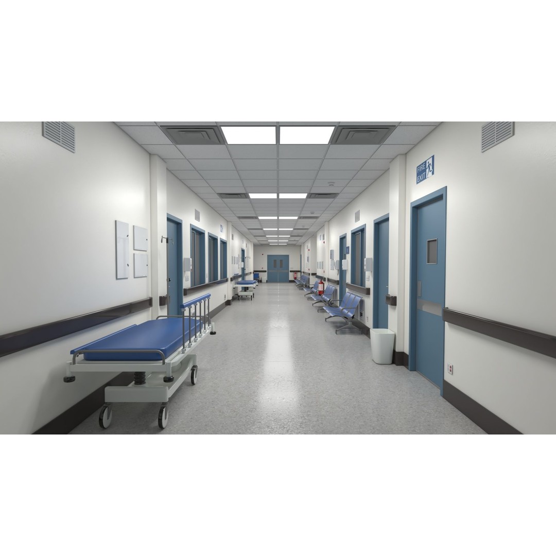 Modular Hospital Corridor 3D Model – Low Poly Game Ready Environment - View 2