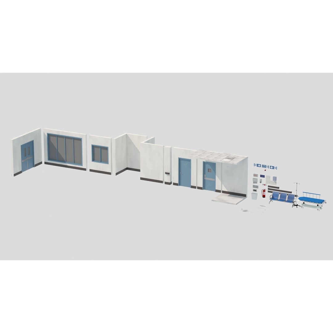 Modular Hospital Corridor 3D Model – Low Poly Game Ready Environment - View 21