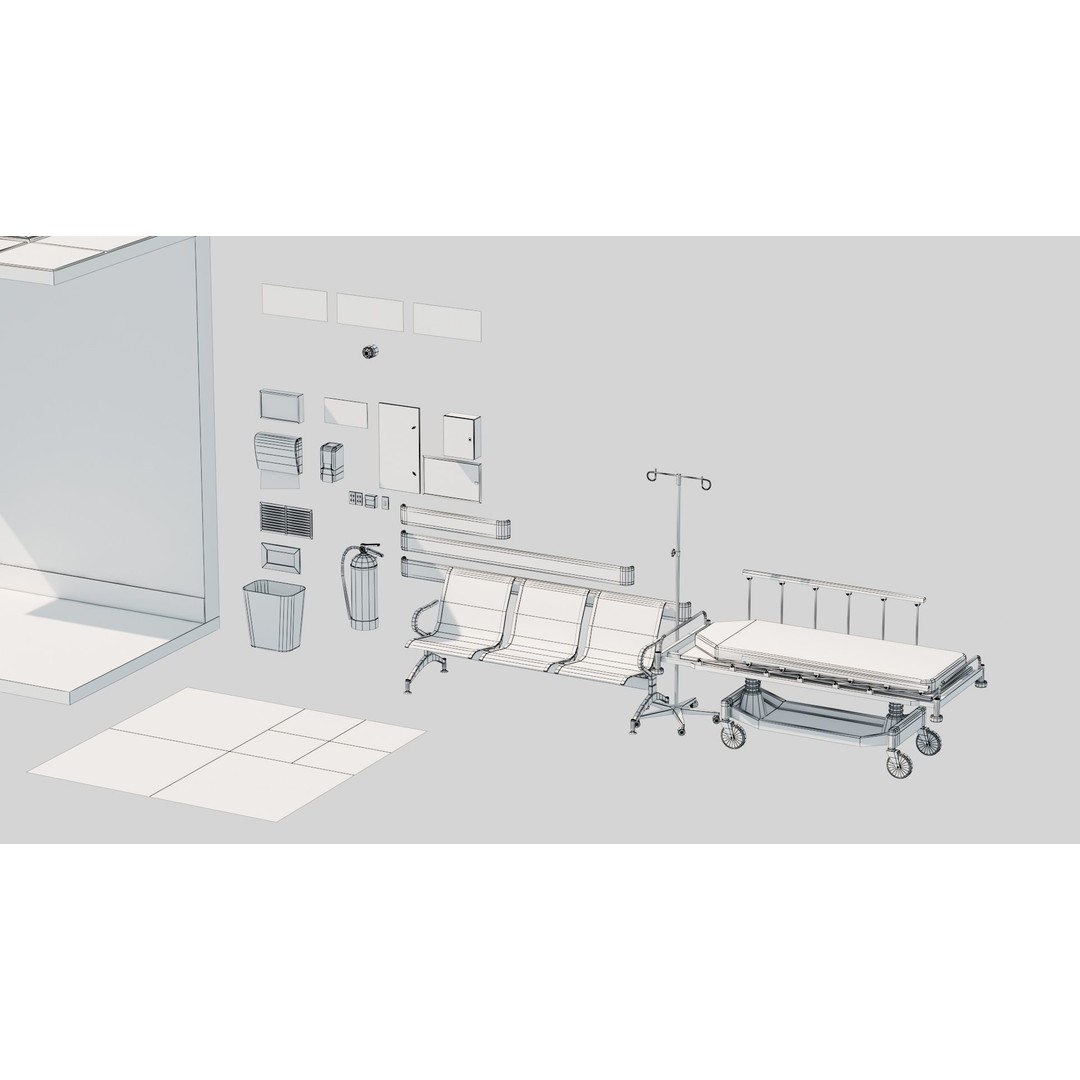 Modular Hospital Corridor 3D Model – Low Poly Game Ready Environment - View 23