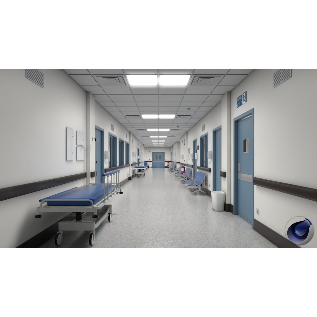 Modular Hospital Corridor 3D Model – Low Poly Game Ready Environment - View 3