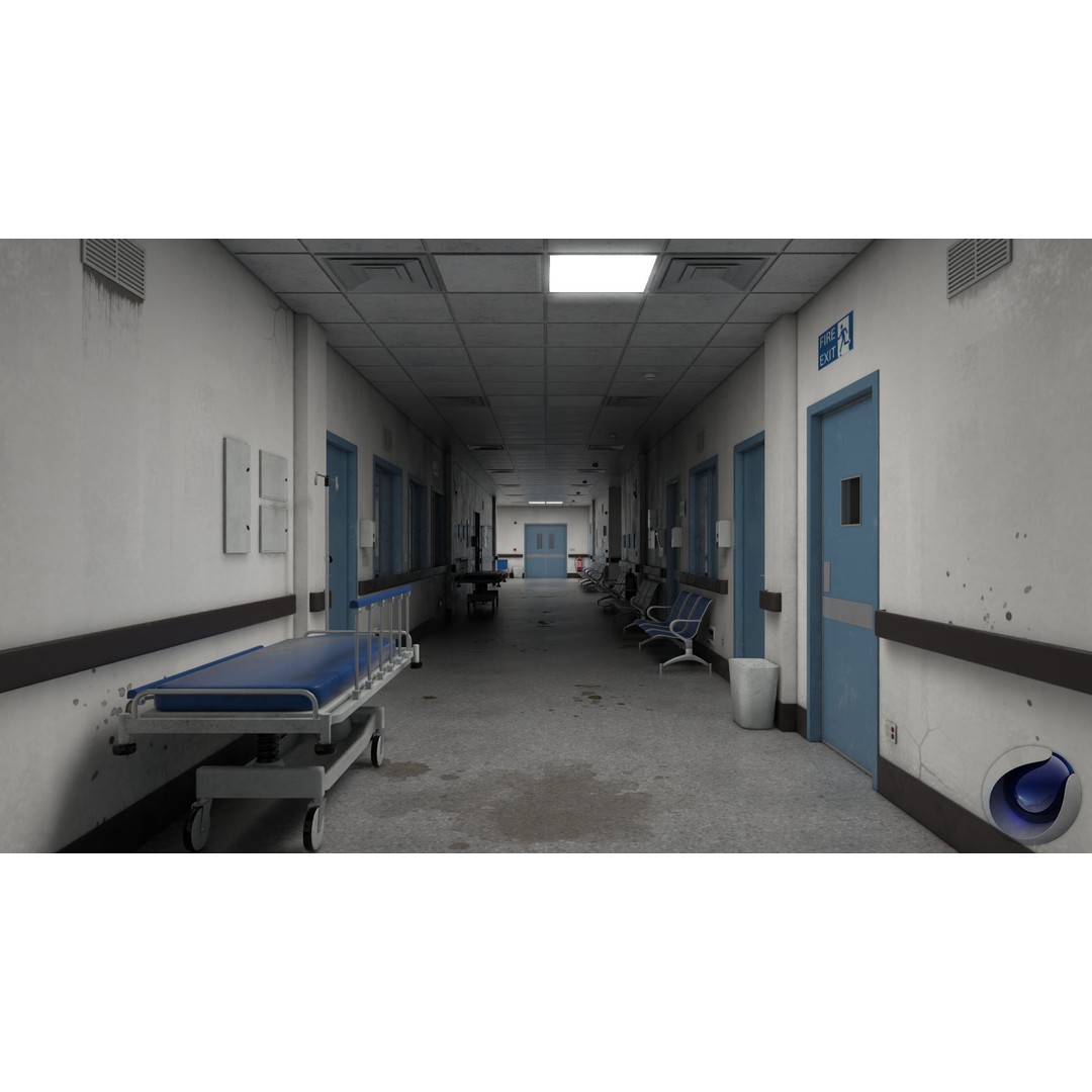 Modular Hospital Corridor 3D Model – Low Poly Game Ready Environment - View 4