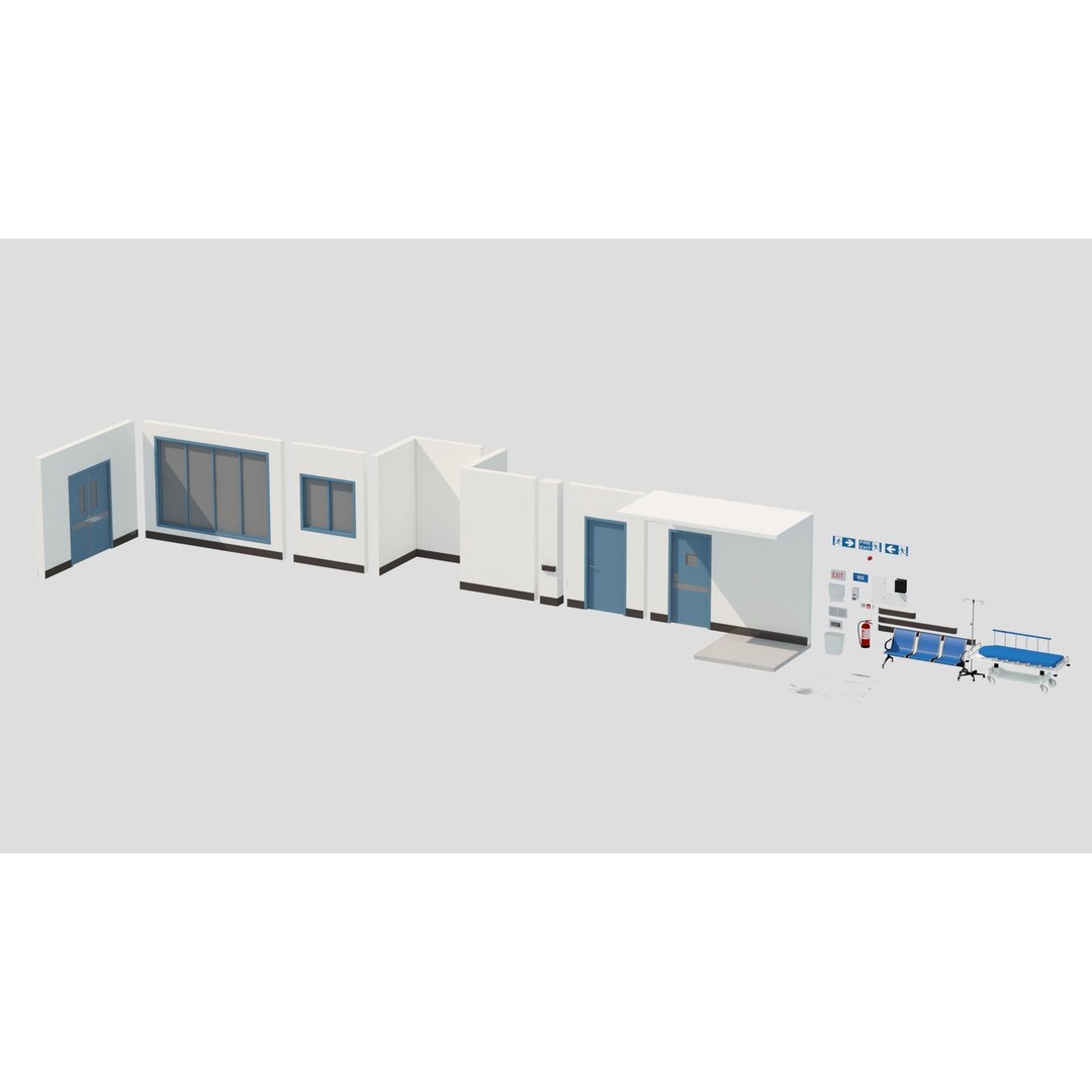 Modular Hospital Corridor 3D Model – Low Poly Game Ready Environment - View 5