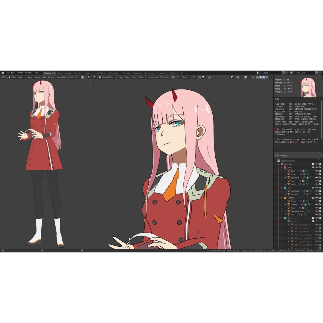 Zero Two 3D Model – Anime Character Rigged for Blender - View 21