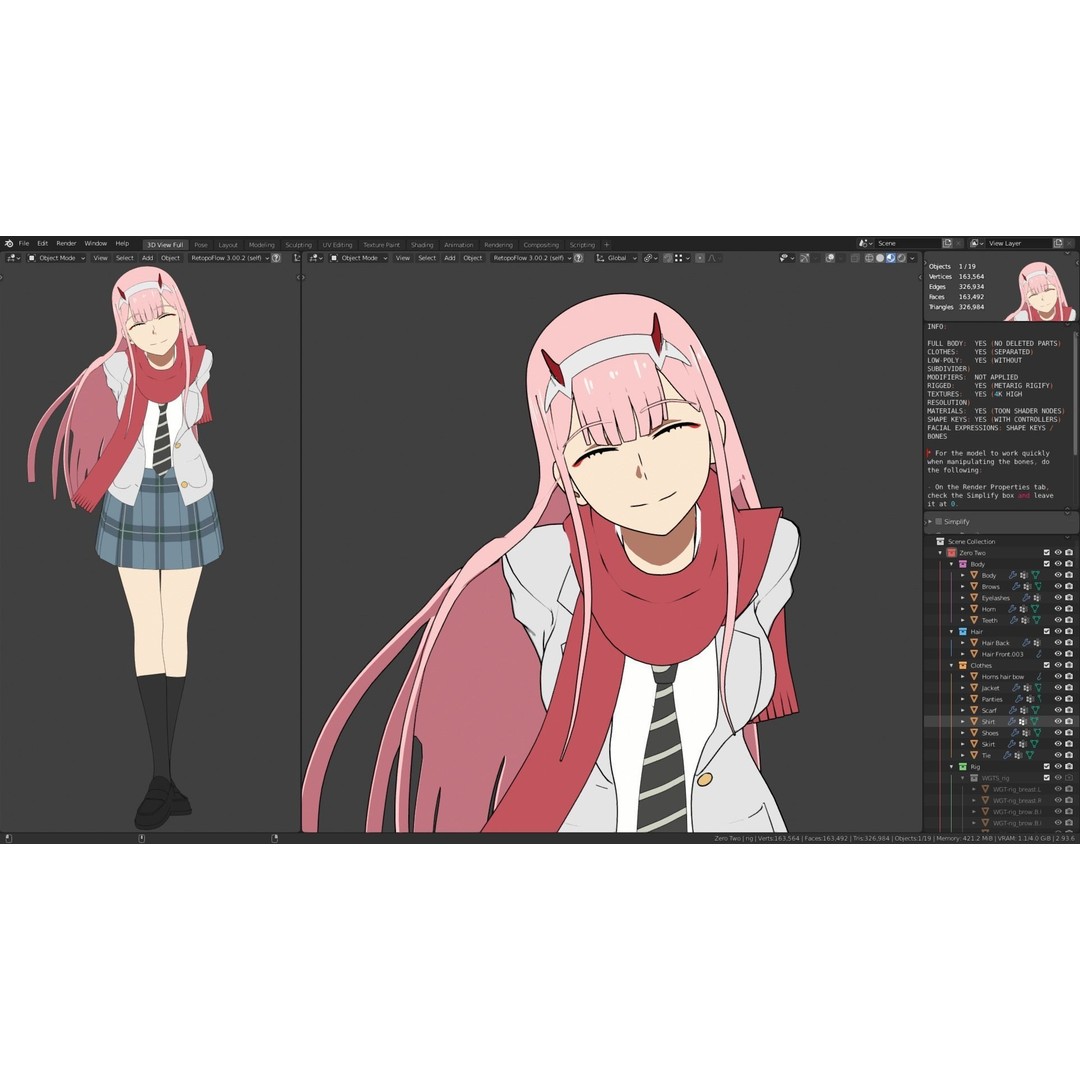 Zero Two 3D Model – Anime Character Rigged for Blender - View 30