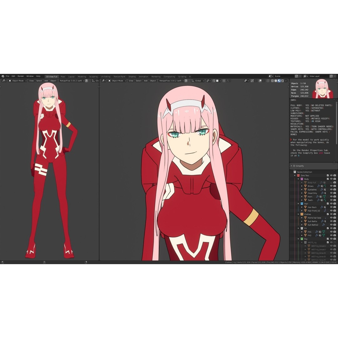Zero Two 3D Model – Anime Character Rigged for Blender - View 31