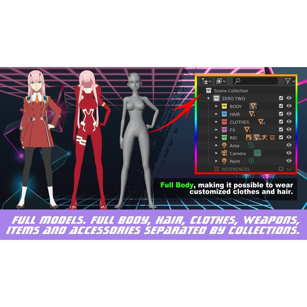 Zero Two 3D Model – Anime Character Rigged for Blender - View 9