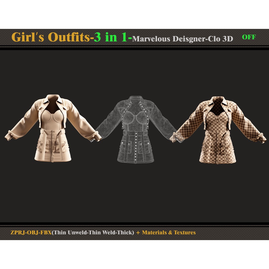 3 in 1 Girls Outfit 3D Model – PBR Clothing Bundle, FBX & OBJ