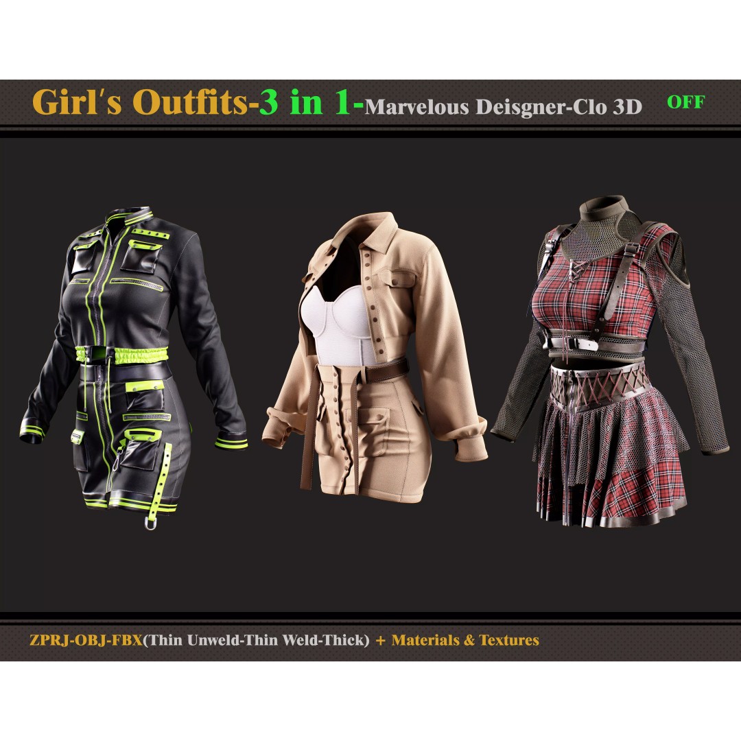 3 in 1 Girls Outfit 3D Model – PBR Clothing Bundle, FBX & OBJ - View 2
