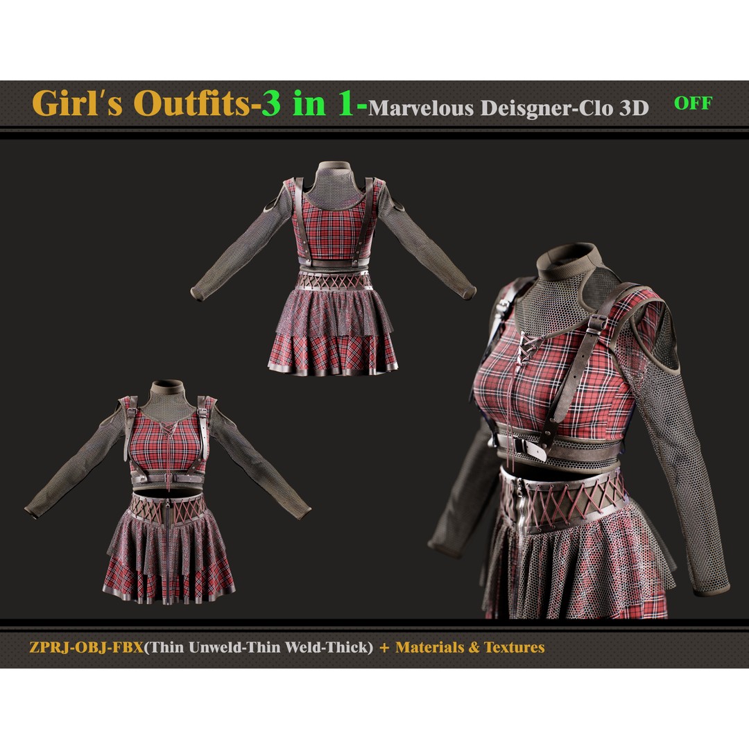 3 in 1 Girls Outfit 3D Model – PBR Clothing Bundle, FBX & OBJ - View 3