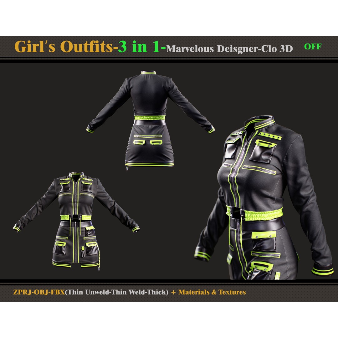 3 in 1 Girls Outfit 3D Model – PBR Clothing Bundle, FBX & OBJ - View 4