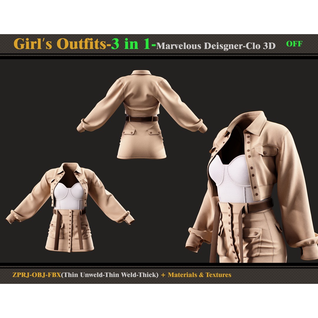3 in 1 Girls Outfit 3D Model – PBR Clothing Bundle, FBX & OBJ - View 5