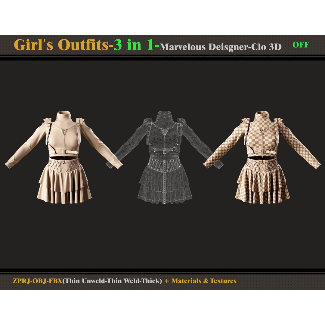3 in 1 Girls Outfit 3D Model – PBR Clothing Bundle, FBX & OBJ - View 6