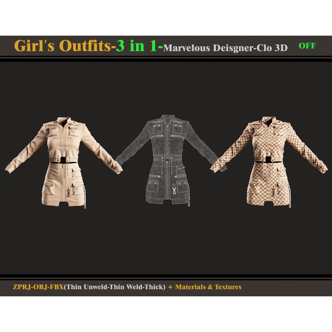 3 in 1 Girls Outfit 3D Model – PBR Clothing Bundle, FBX & OBJ - View 7