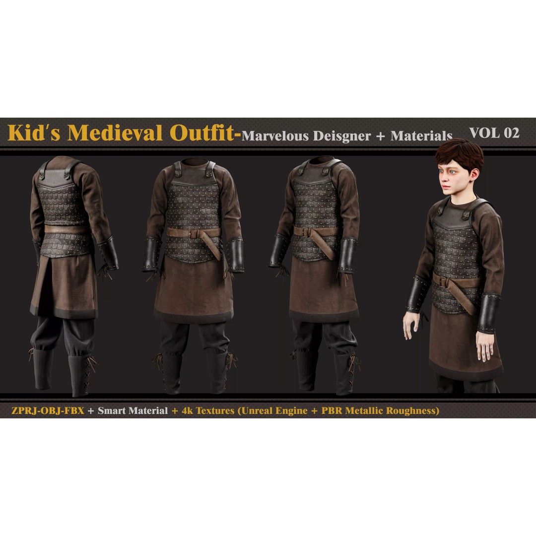 Kids Medieval Outfit 3D Model – Fantasy Clothing, FBX & OBJ Formats - View 2