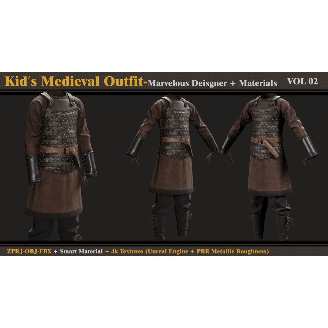 Kids Medieval Outfit 3D Model – Fantasy Clothing, FBX & OBJ Formats - View 4