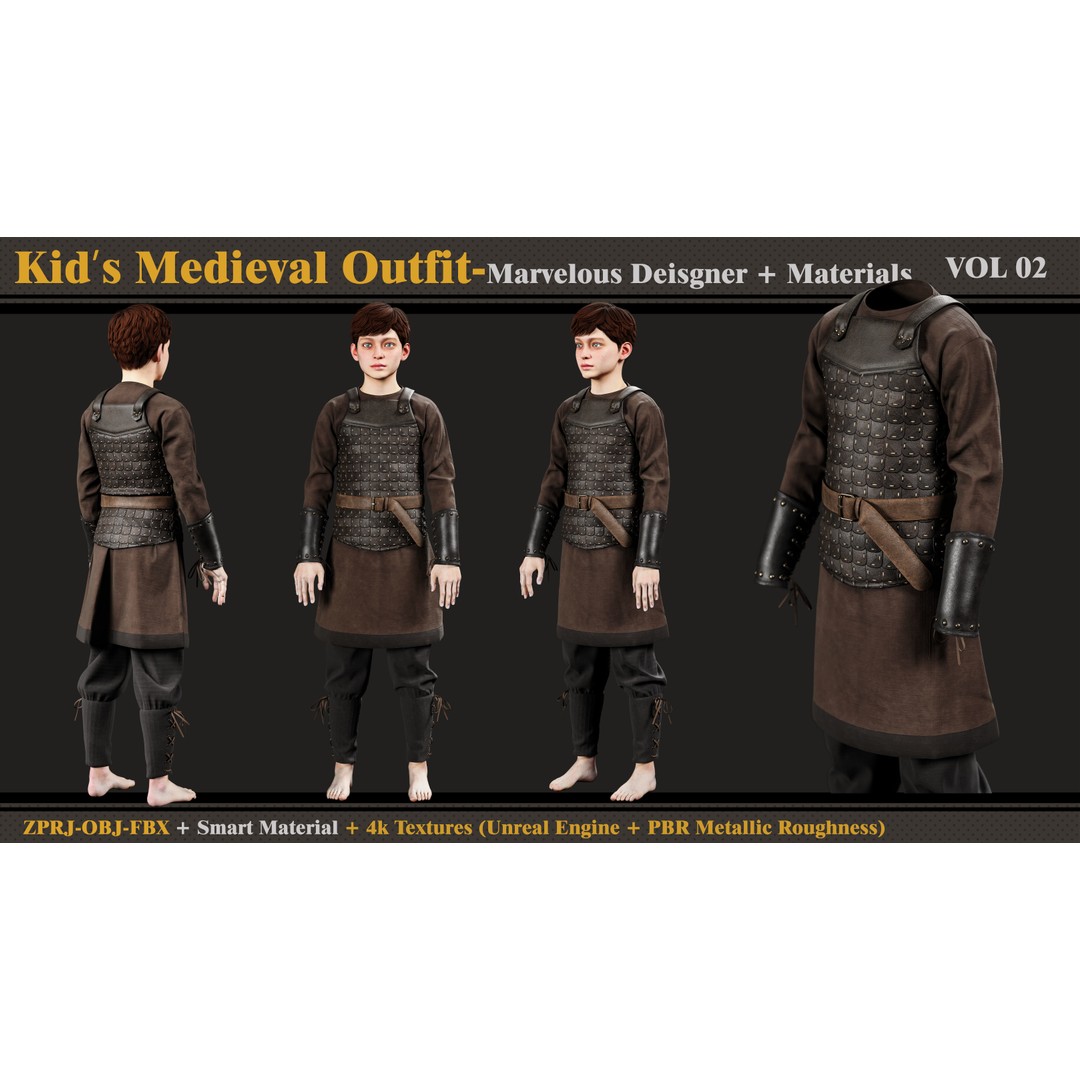 Kids Medieval Outfit 3D Model – Fantasy Clothing, FBX & OBJ Formats - View 5