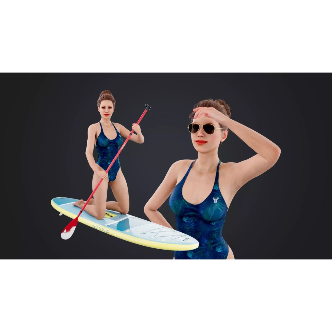 Female Paddleboarder 3D Model – Low Poly Rigged Character, FBX, OBJ - View 2