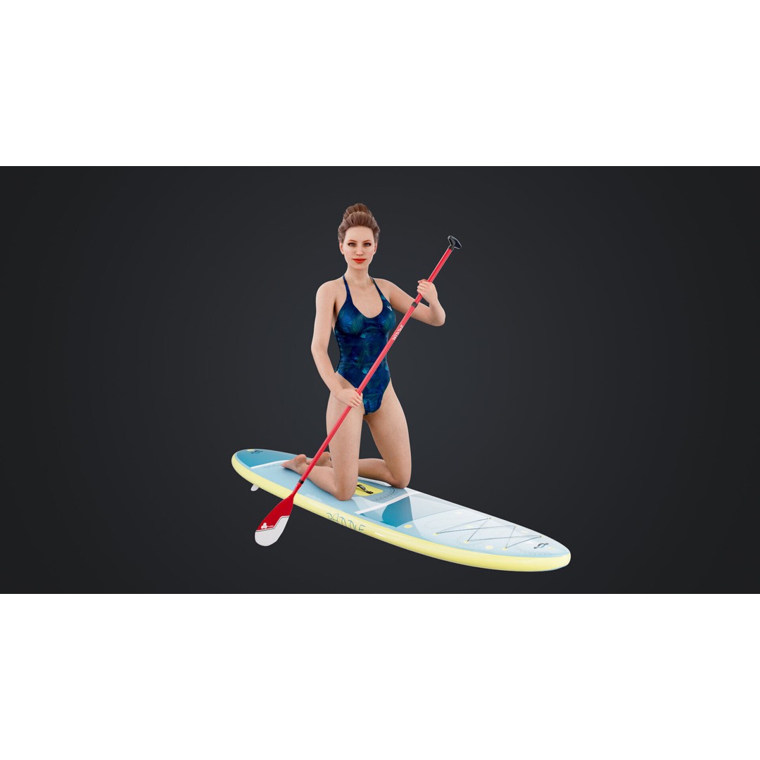 Female Paddleboarder 3D Model – Low Poly Rigged Character, FBX, OBJ - View 3