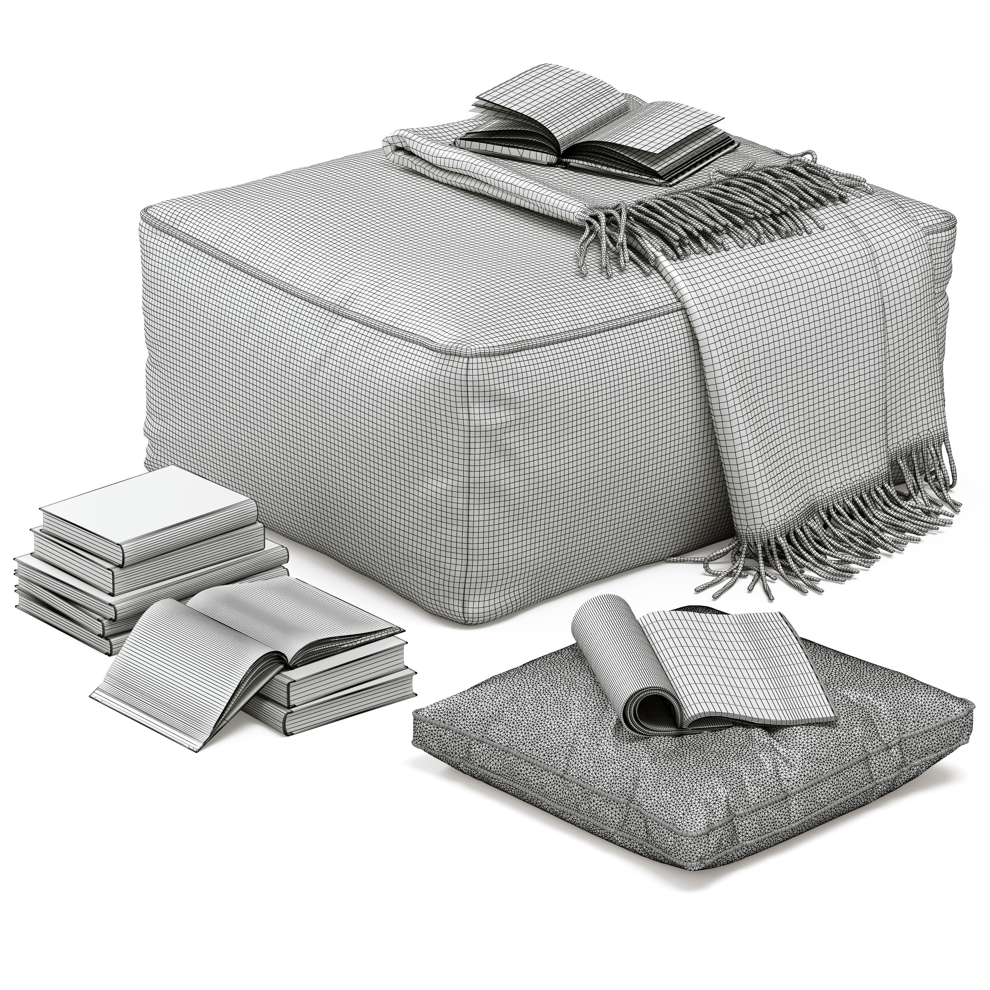 Floor Decor Set 001 with Pouf and Books - Game-Ready 3D Model