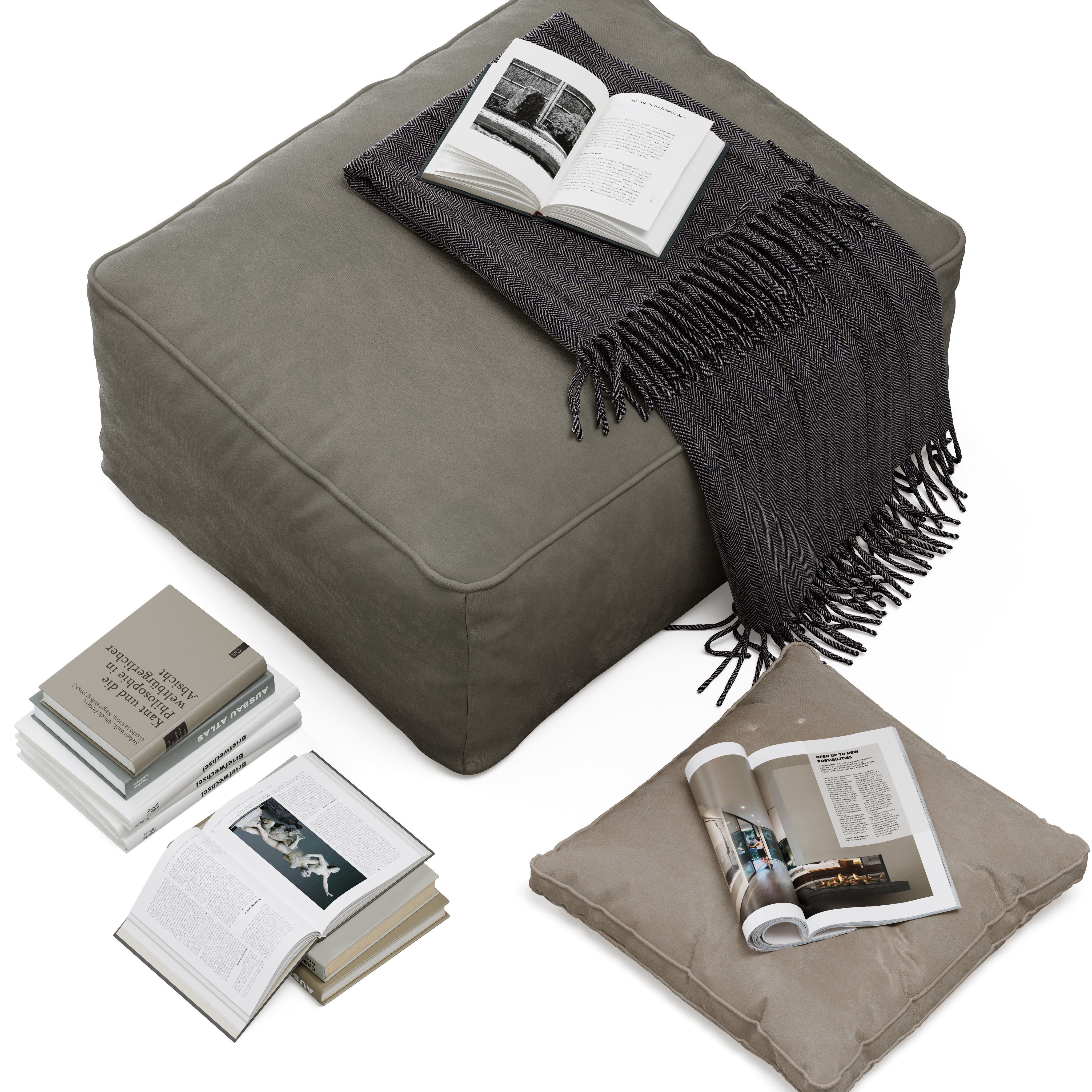 Floor Decor Set 001 with Pouf and Books - Game-Ready 3D Model - View 5
