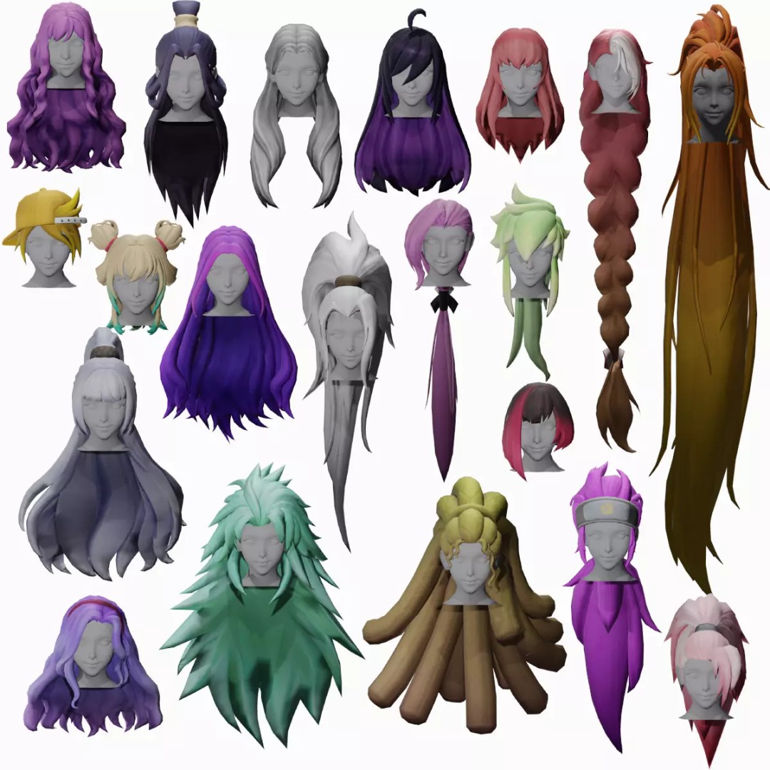 Stylized Female Hair Models Pack 3D Model – Low Poly Game Asset, FBX, OBJ - View 2