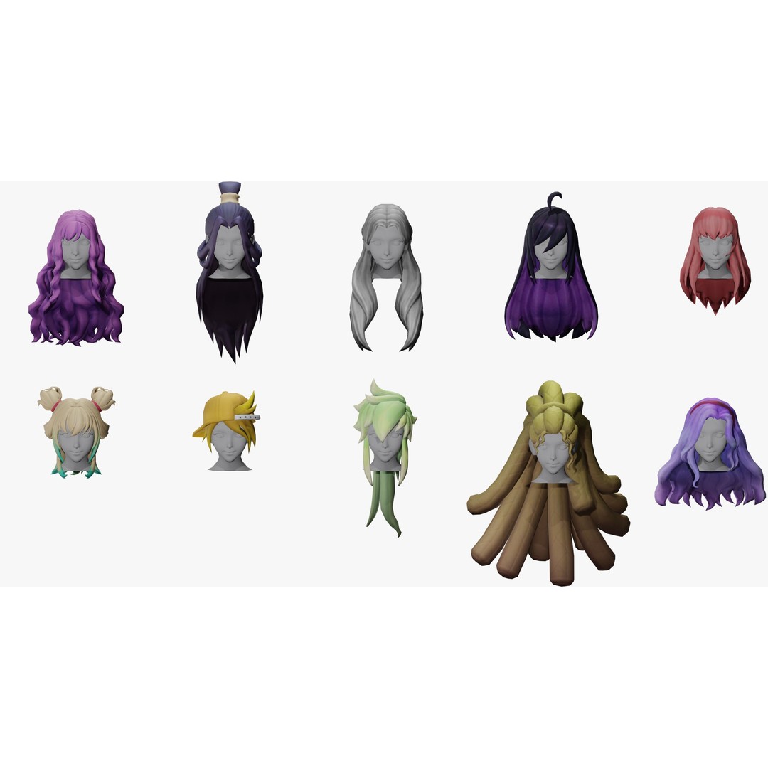 Stylized Female Hair Models Pack 3D Model – Low Poly Game Asset, FBX, OBJ - View 3