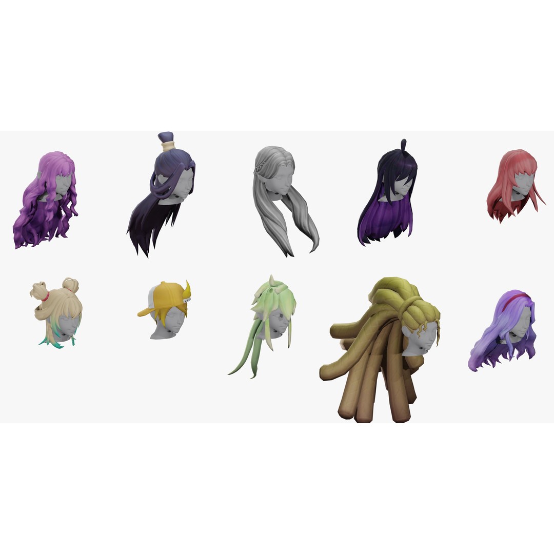 Stylized Female Hair Models Pack 3D Model – Low Poly Game Asset, FBX, OBJ - View 4
