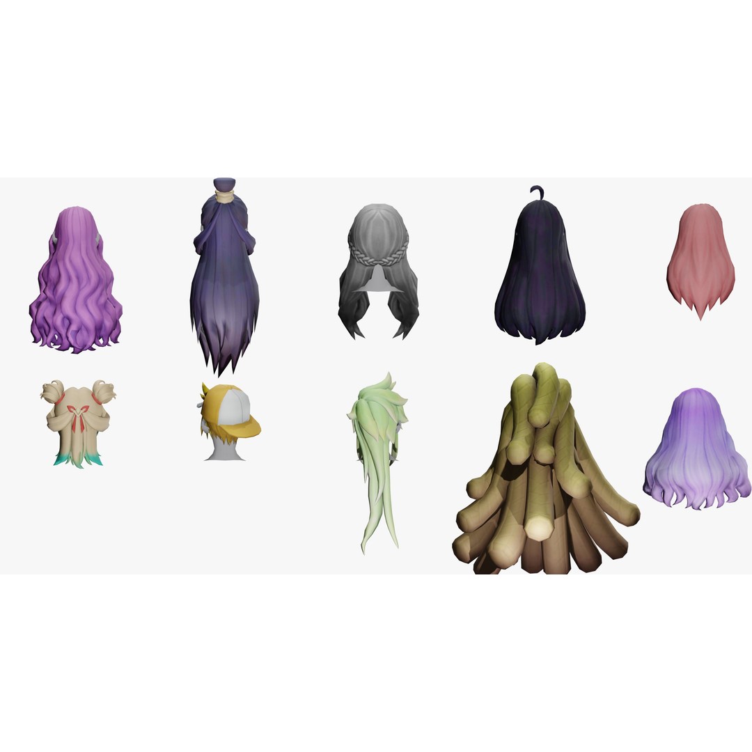 Stylized Female Hair Models Pack 3D Model – Low Poly Game Asset, FBX, OBJ - View 5