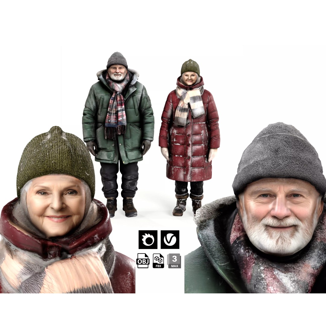 Old People 3D Models – Winter Style Characters with PBR Textures - View 2