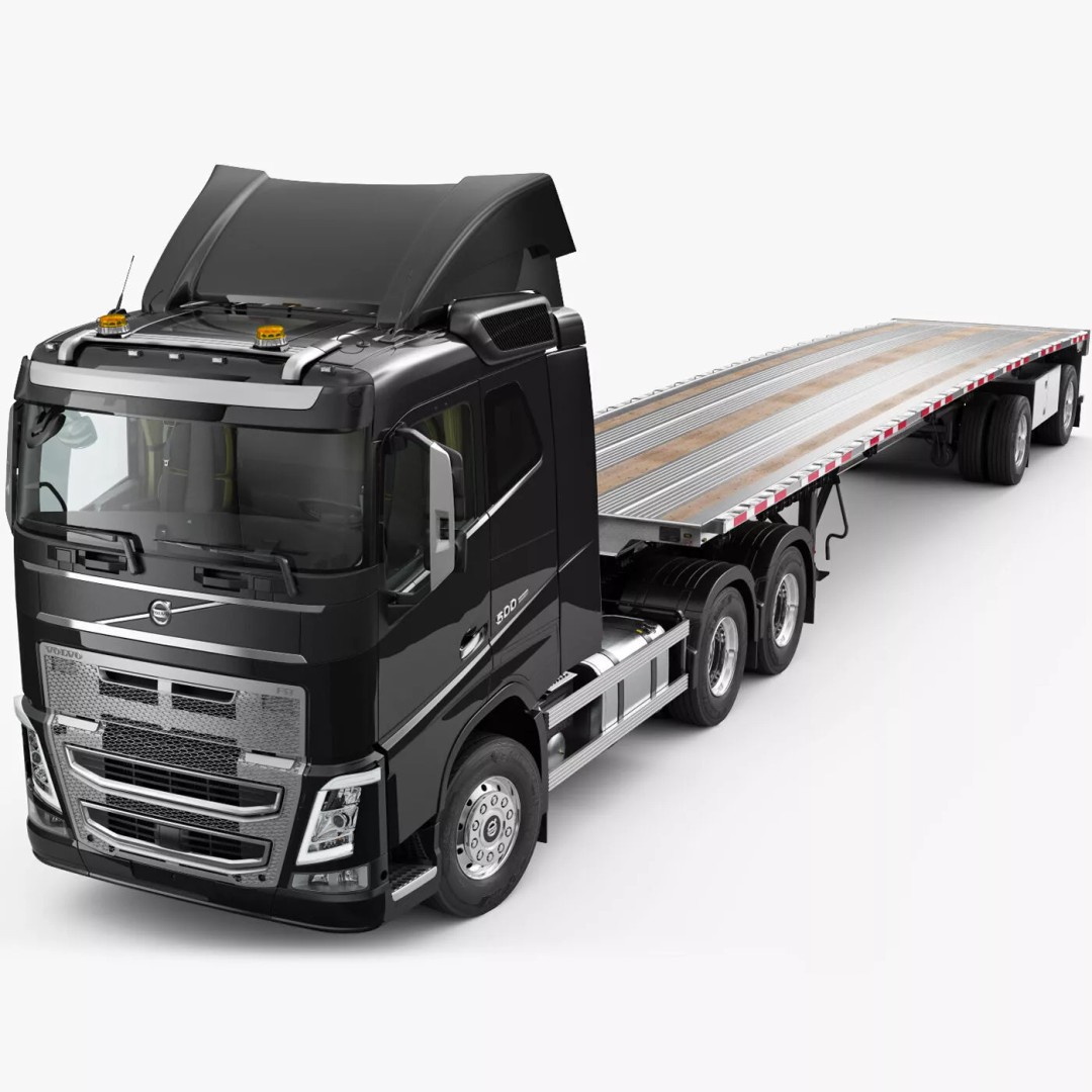 Volvo FH 6X4 3D Model – Realistic Truck with Flatbed Trailer, FBX, OBJ - View 2
