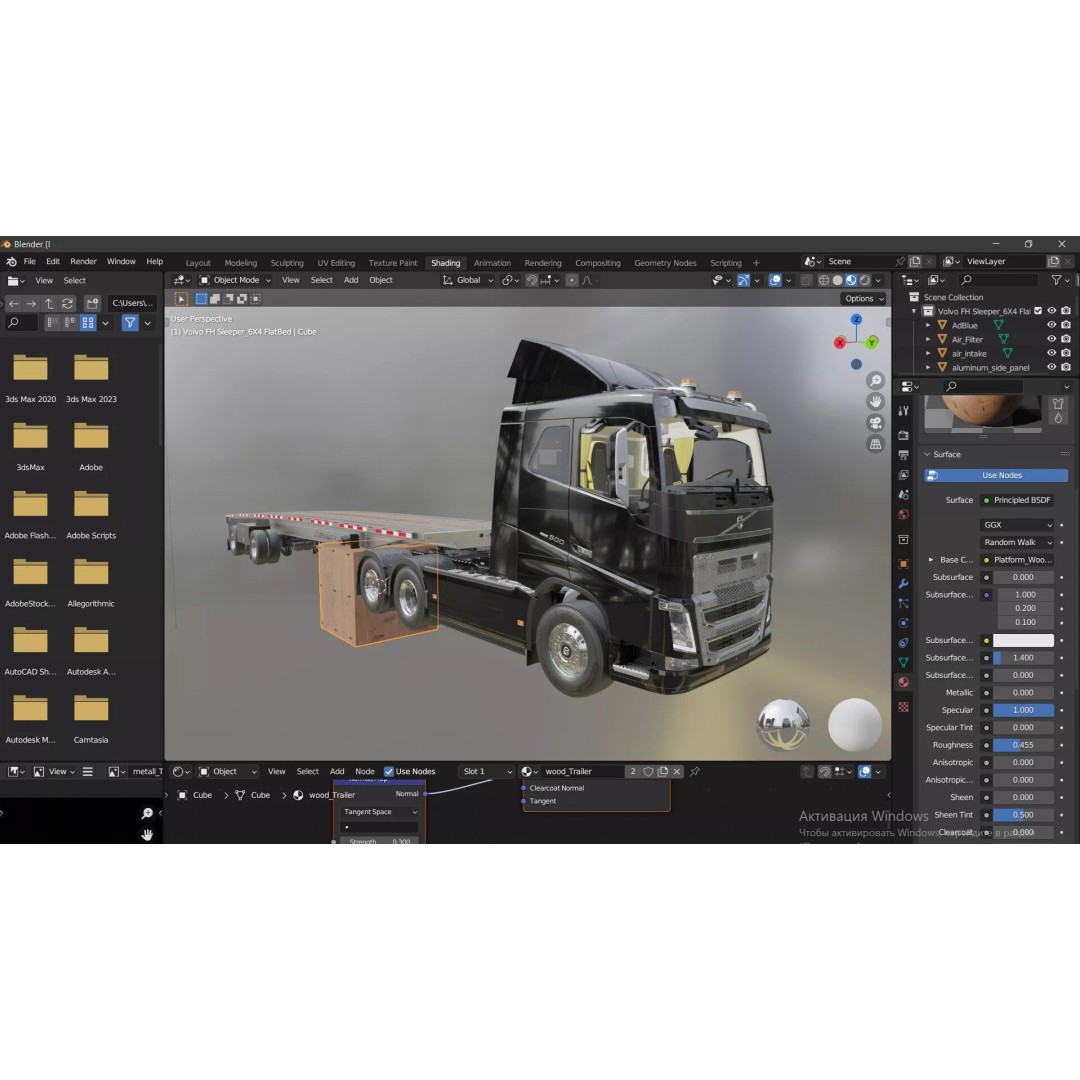 Volvo FH 6X4 3D Model – Realistic Truck with Flatbed Trailer, FBX, OBJ - View 7