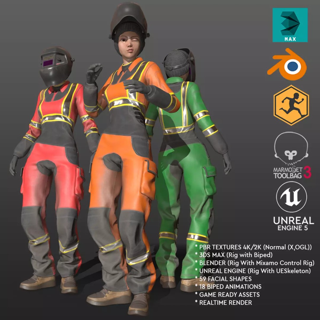 Female Welder Suit 3D Model – Low Poly Rigged Asset, FBX, PBR - View 2