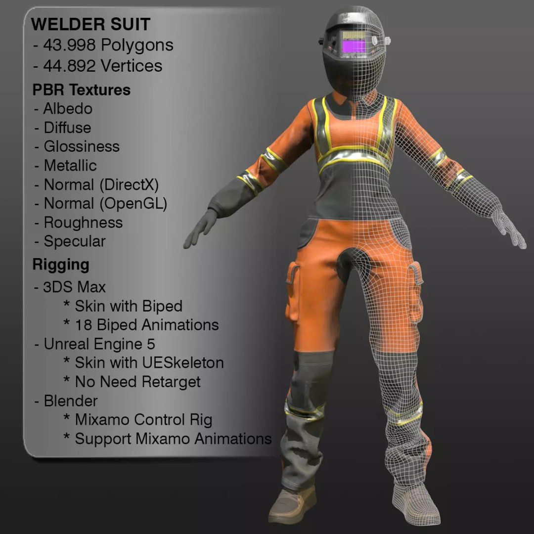 Female Welder Suit 3D Model – Low Poly Rigged Asset, FBX, PBR - View 3