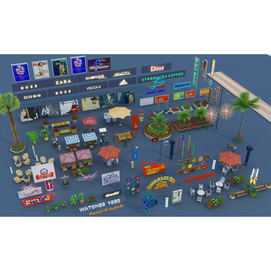 Commercial Street Kitbash 3D Model – Low Poly Outdoor Assets, FBX & OBJ - View 2