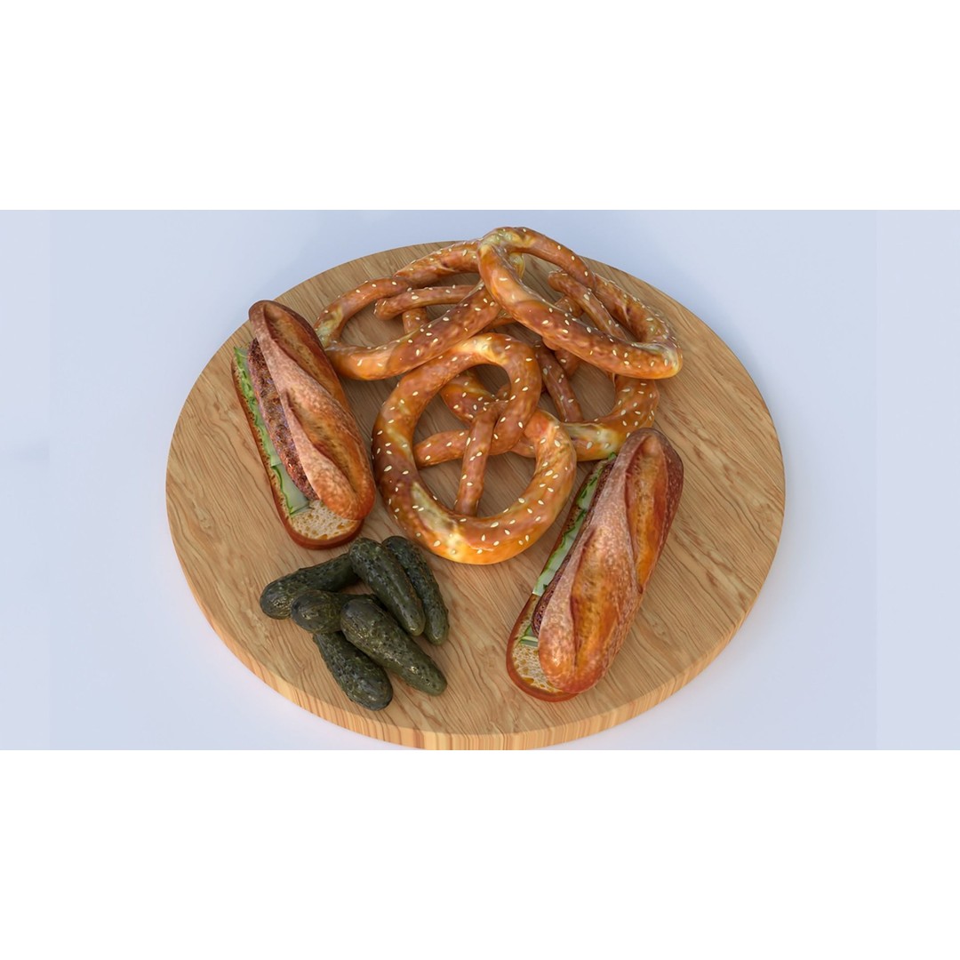 Pretzels and Sausages 3D Model – Realistic Food Scene, FBX, OBJ - View 3
