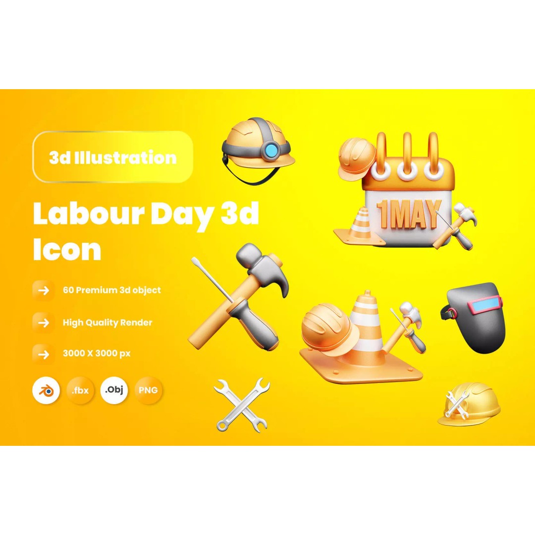 Labour Day 3D Model – Icon Pack for Design, PBR Textures, Blender, FBX - View 2
