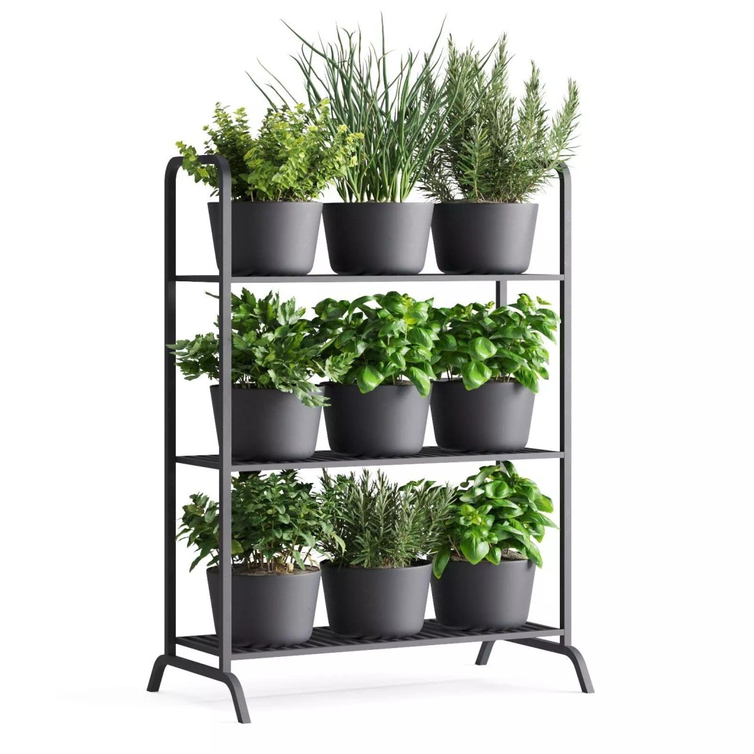 Herb Shelf 3D Model – Minimalist Vertical Design with Black Pots - View 2