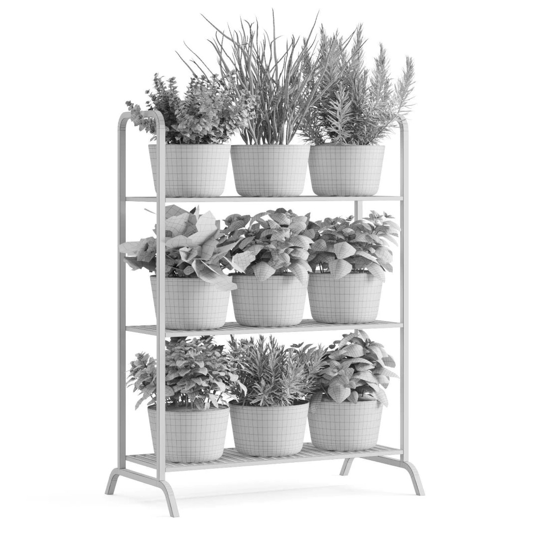 Herb Shelf 3D Model – Minimalist Vertical Design with Black Pots - View 3