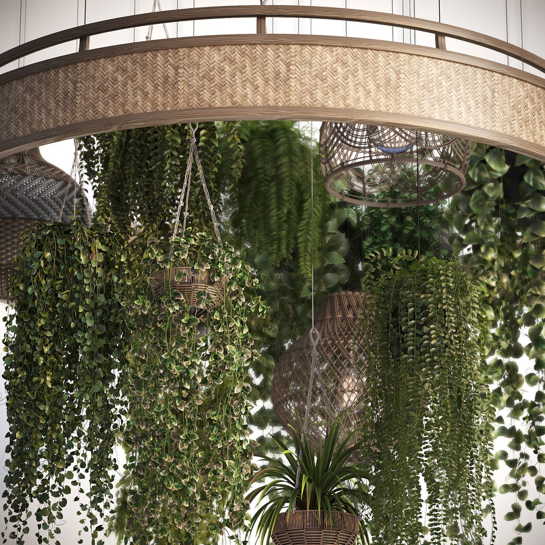 Plant Hangers 3D Model – Wicker Pendant Style, FBX & OBJ Formats - View 4