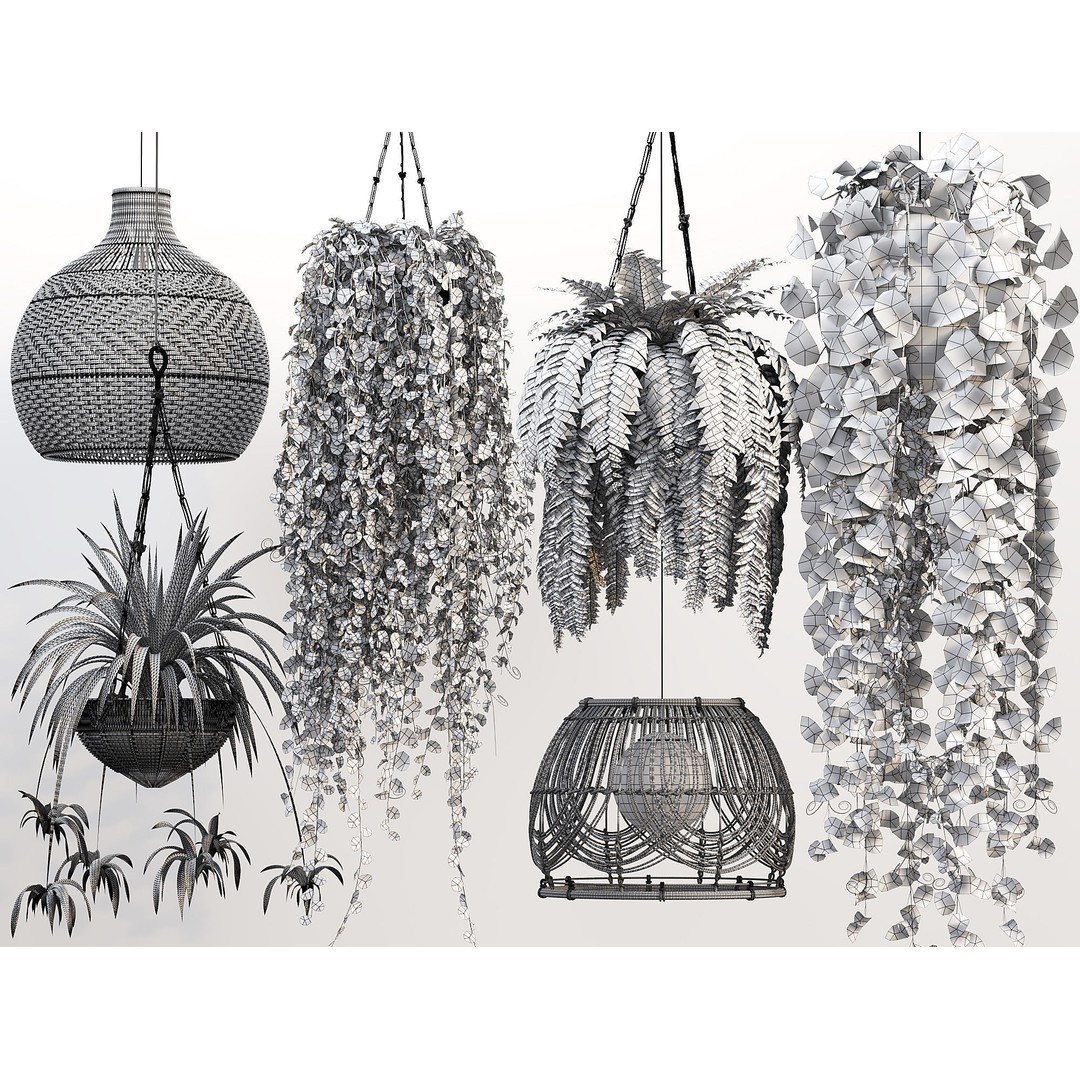 Plant Hangers 3D Model – Wicker Pendant Style, FBX & OBJ Formats - View 7
